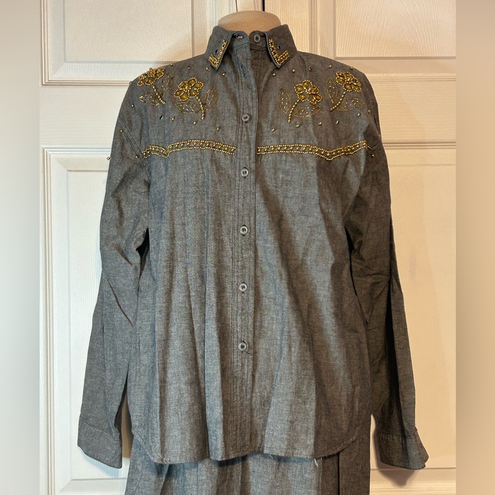 Vintage 80’s Gold Bead‎ Appliqué Gray 2-piece Outfit Sz M Western Square Dance - Picture 5 of 14